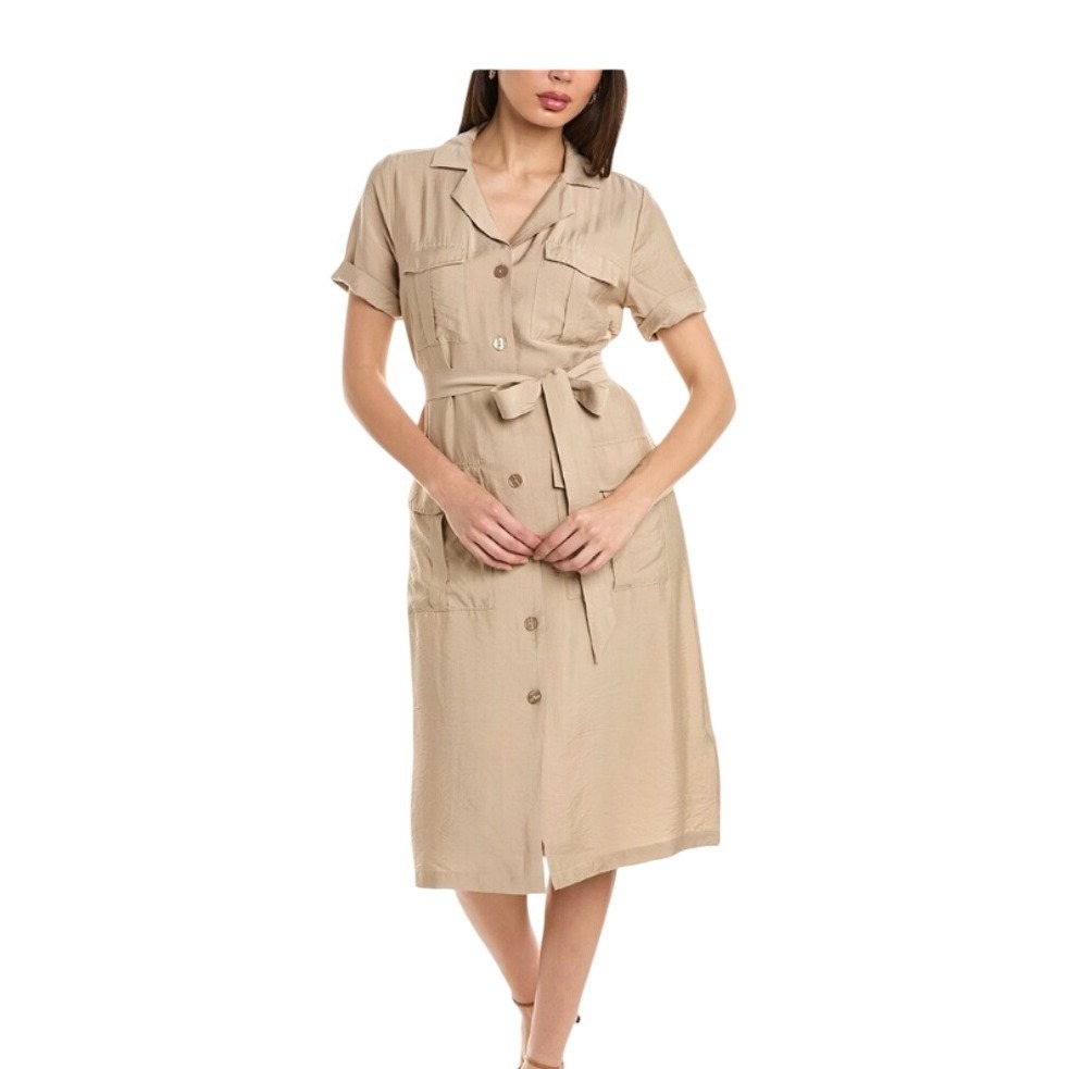 Ellen Tracy Shirt Dress Women Size L Tan Safari Utility Midi Button Front Belted